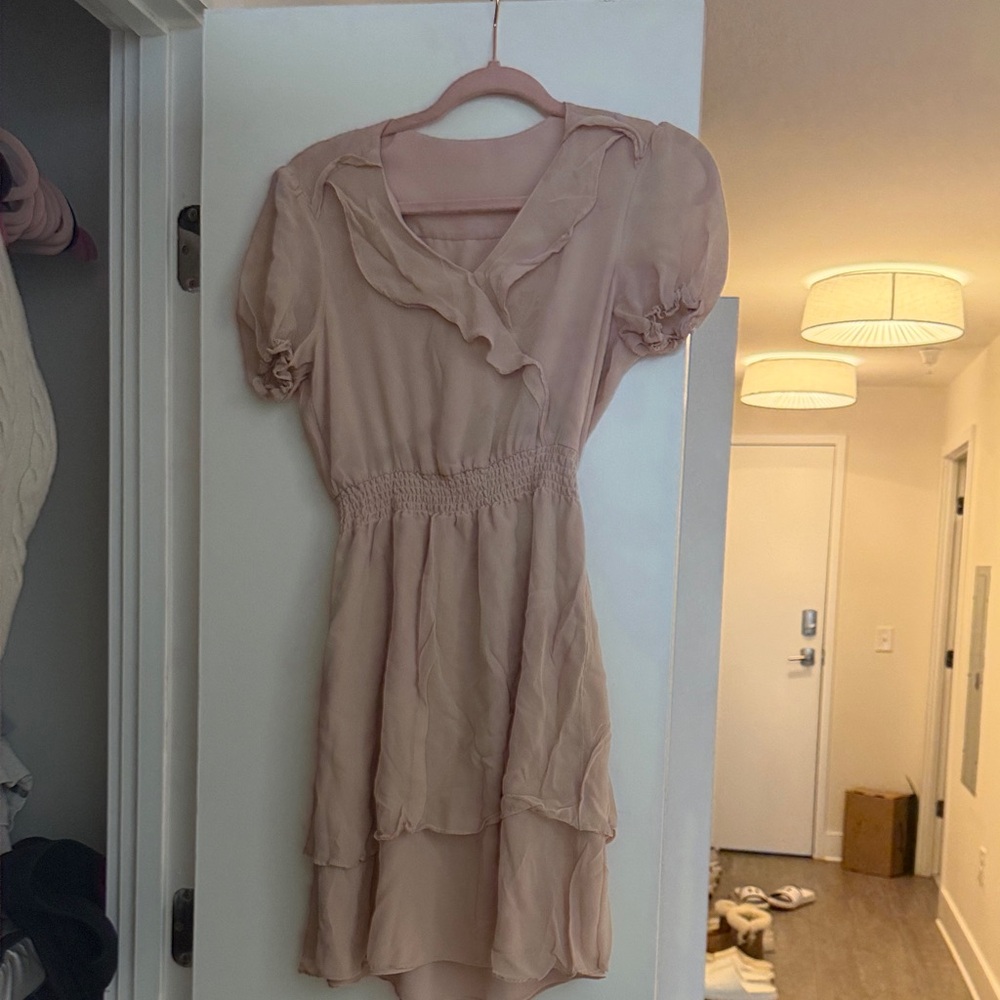 Elegant Pink Ruffle Dress 100silk